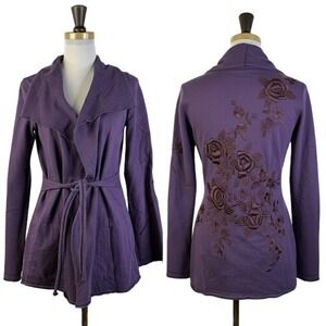 Lucky Brand Womens Purple Cotton Floral Embroidered Wrap Cardigan Sweater Small